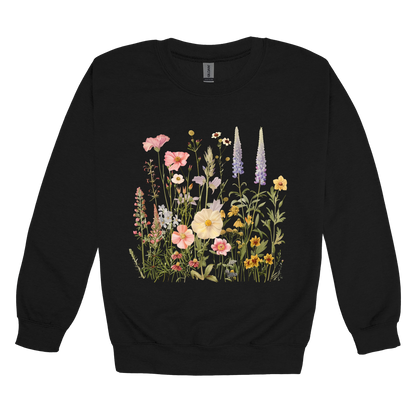 Wildflower Apparel design on adult crewneck in black, front view.