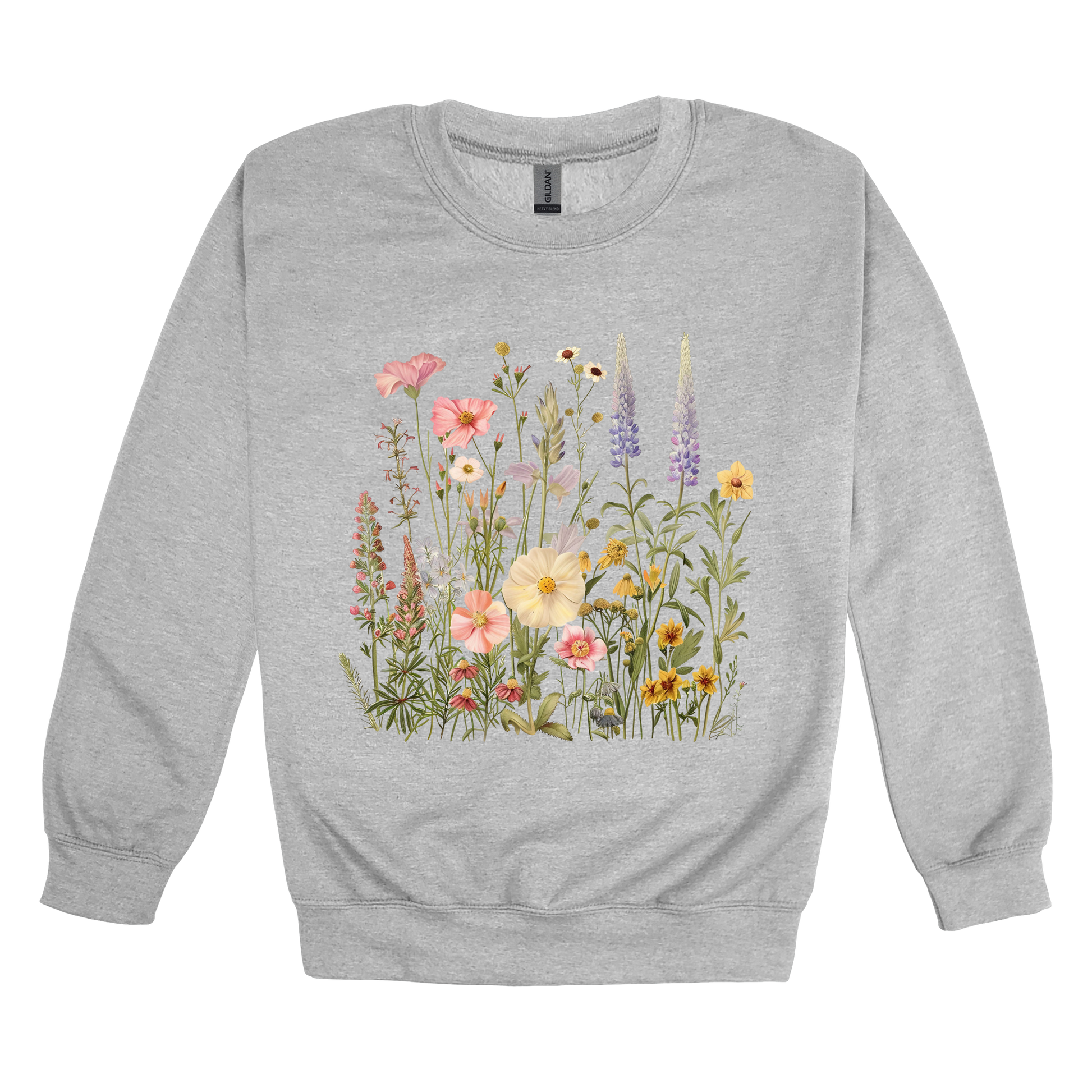 Wildflower Apparel design on adult crewneck in gray, front view.