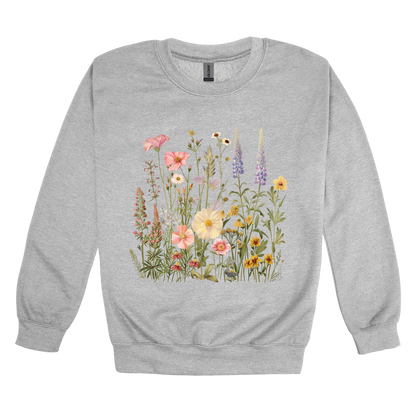 Wildflower Apparel design on adult crewneck in gray, front view.