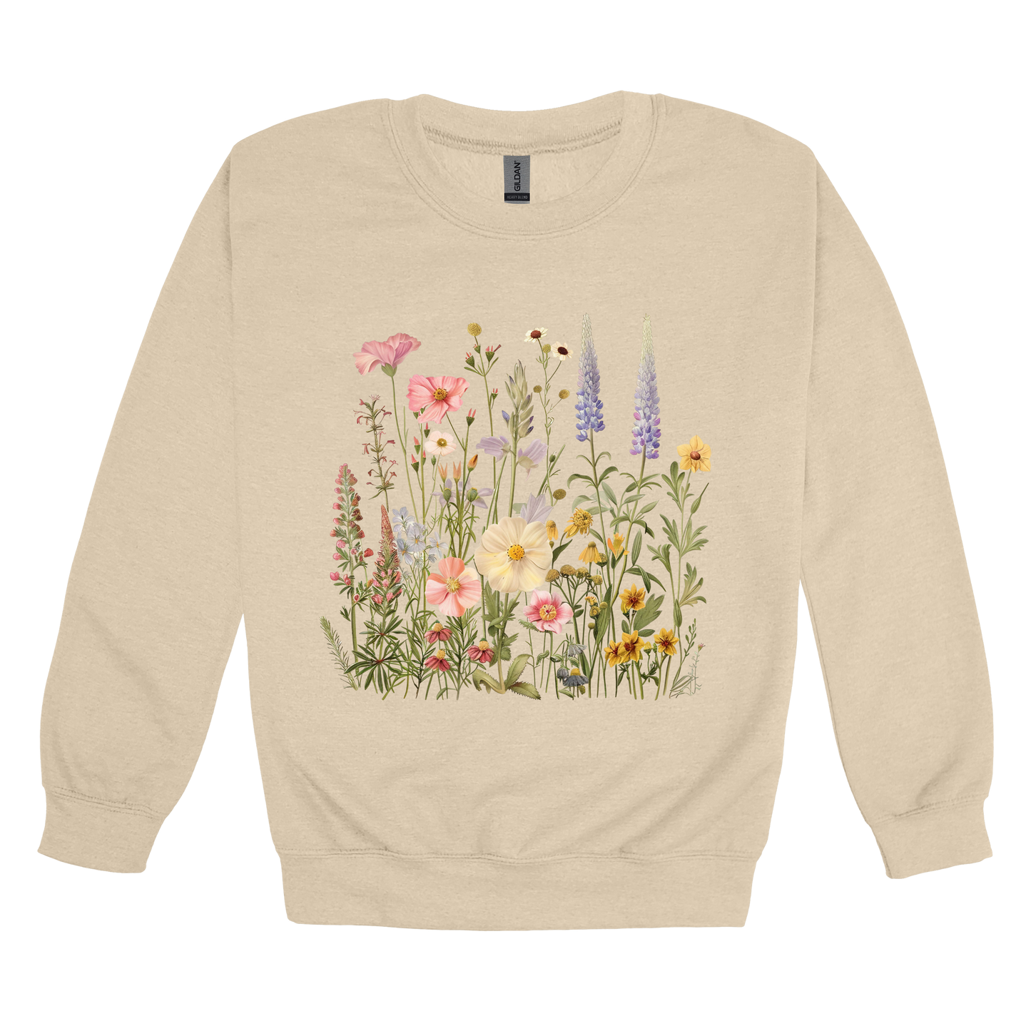 Wildflower Apparel design on adult crewneck in tan, front view.
