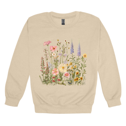 Wildflower Apparel design on adult crewneck in tan, front view.