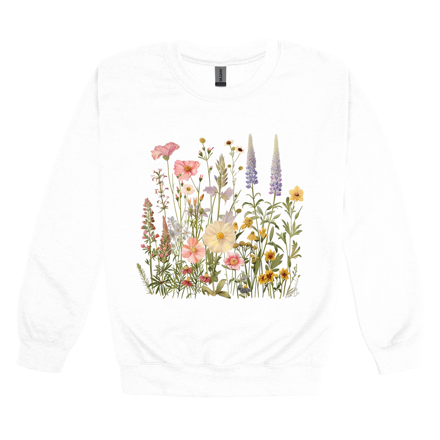 Wildflower Apparel design on adult crewneck in white, front view.