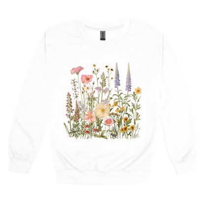 Wildflower Apparel design on adult crewneck in white, front view.