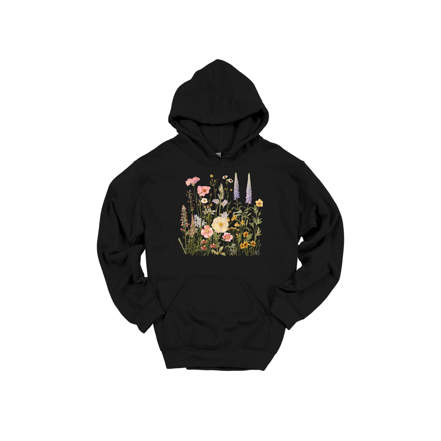 Wildflower Apparel design on adult hoodie in black, front view.