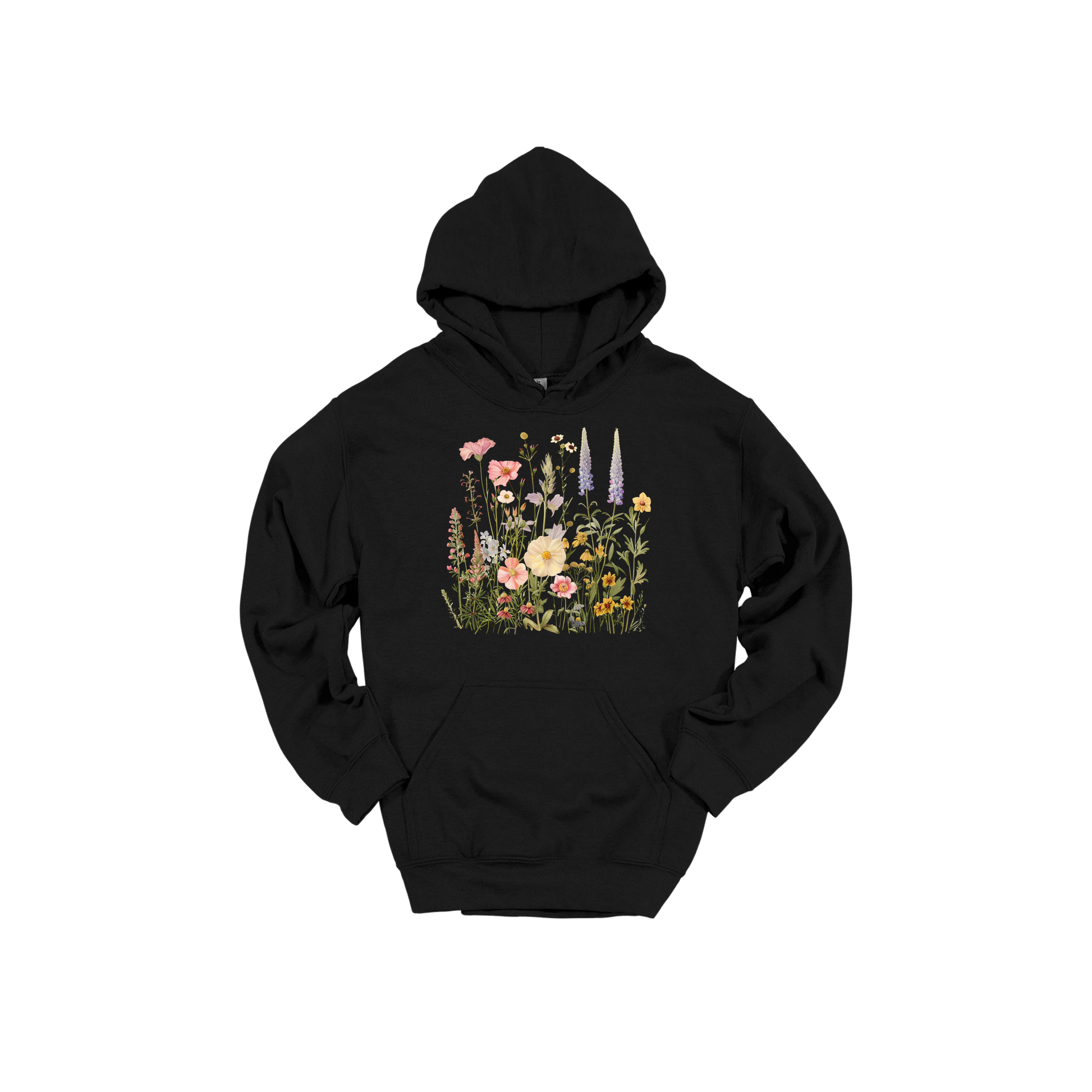 Wildflower Apparel design on adult hoodie in black, front view.