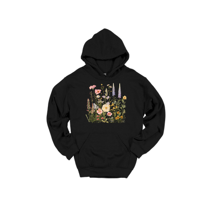 Wildflower Apparel design on adult hoodie in black, front view.