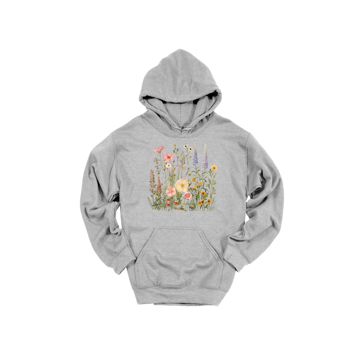 Wildflower Apparel design on adult hoodie in gray, front view.