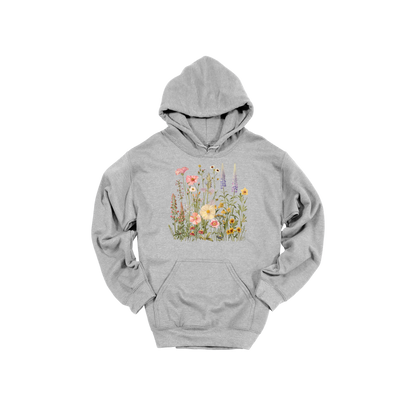 Wildflower Apparel design on adult hoodie in gray, front view.