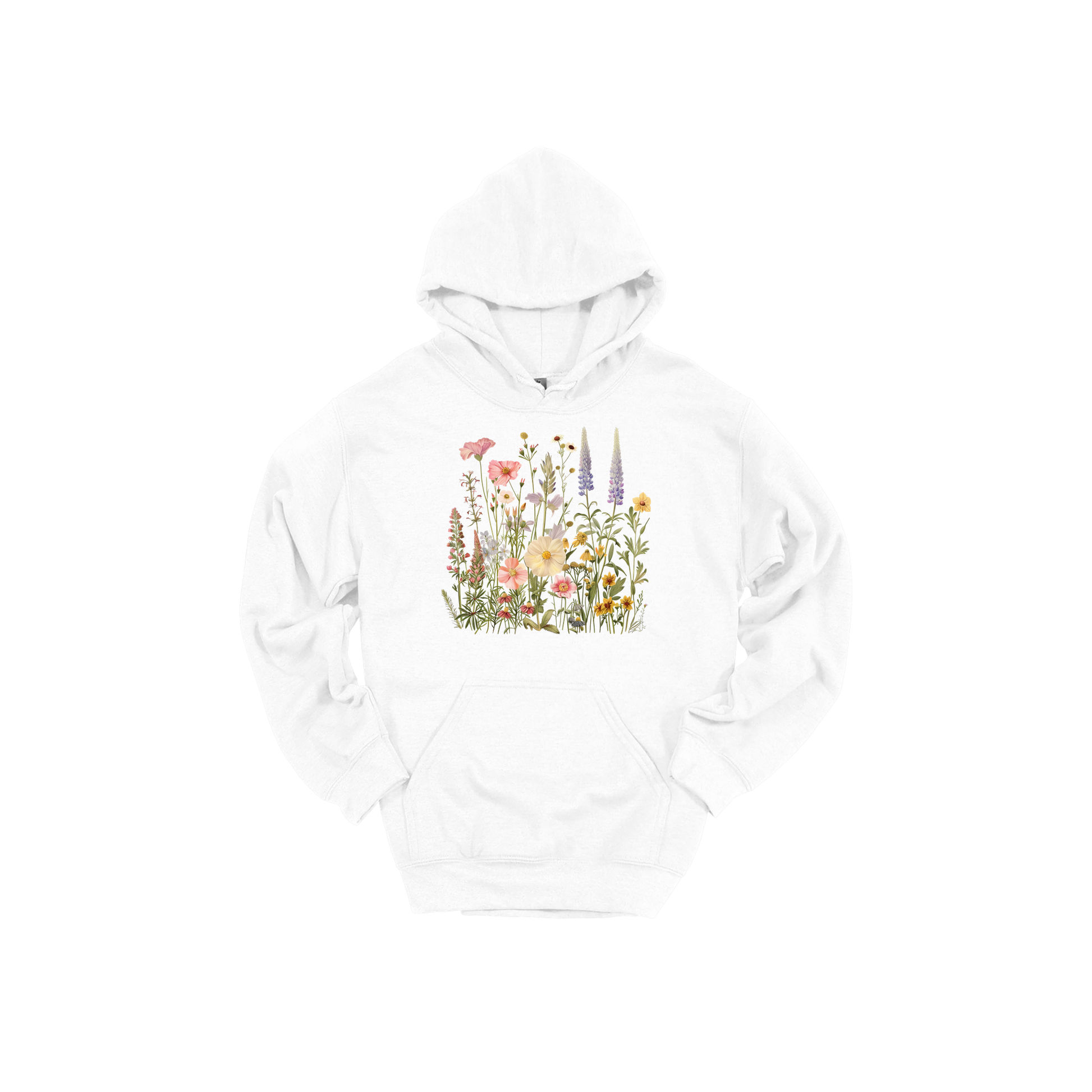 Wildflower Apparel design on adult hoodie in white, front view.