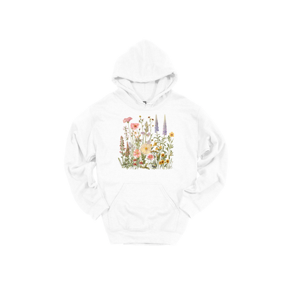 Wildflower Apparel design on adult hoodie in white, front view.