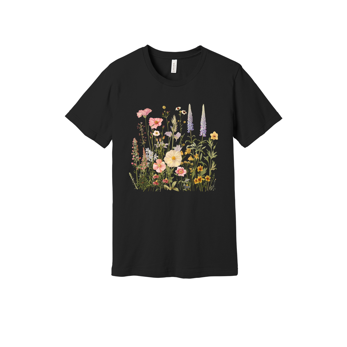 Wildflower Apparel design on adult tee in black, front view.