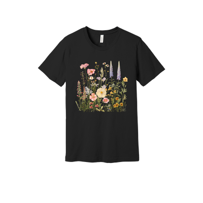 Wildflower Apparel design on adult tee in black, front view.
