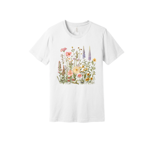 Wildflower Apparel design on adult tee in white, front view.