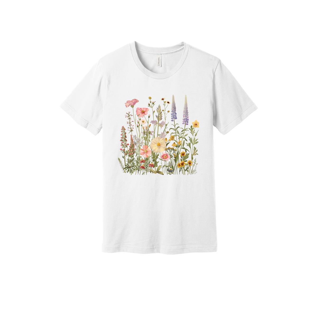 Wildflower Apparel design on generic tee presentation in white, front view.