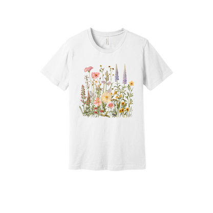 Wildflower Apparel design on generic tee presentation in white, front view.