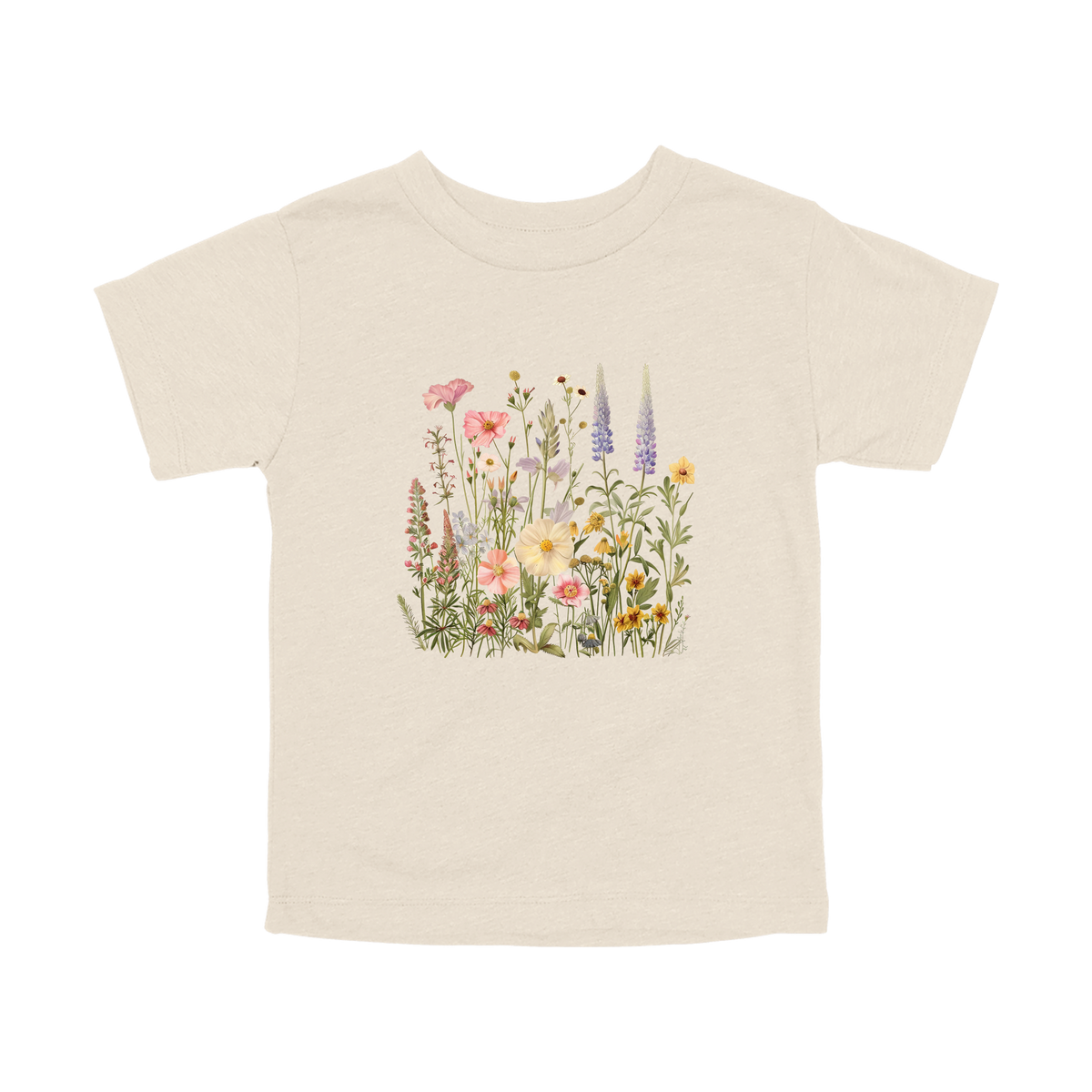 Wildflower Apparel design on toddler tee in tan, front view.