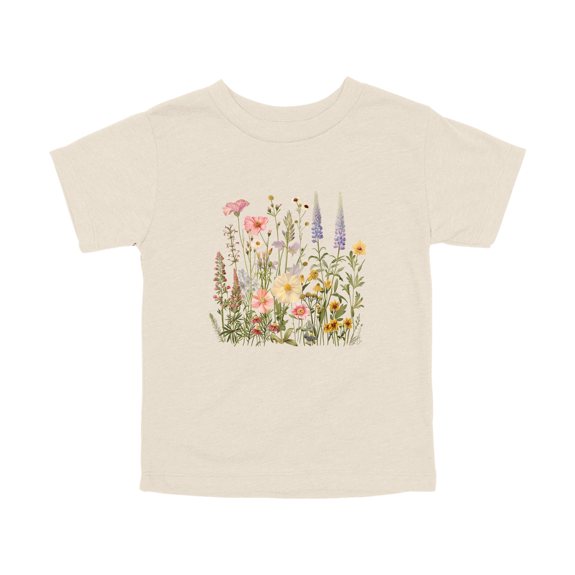 Wildflower Apparel design on toddler tee in tan, front view.
