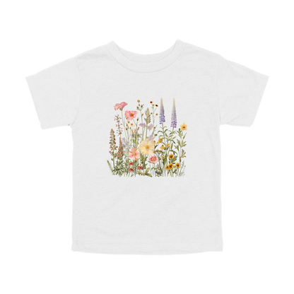Wildflower Apparel design on toddler tee in white, front view.