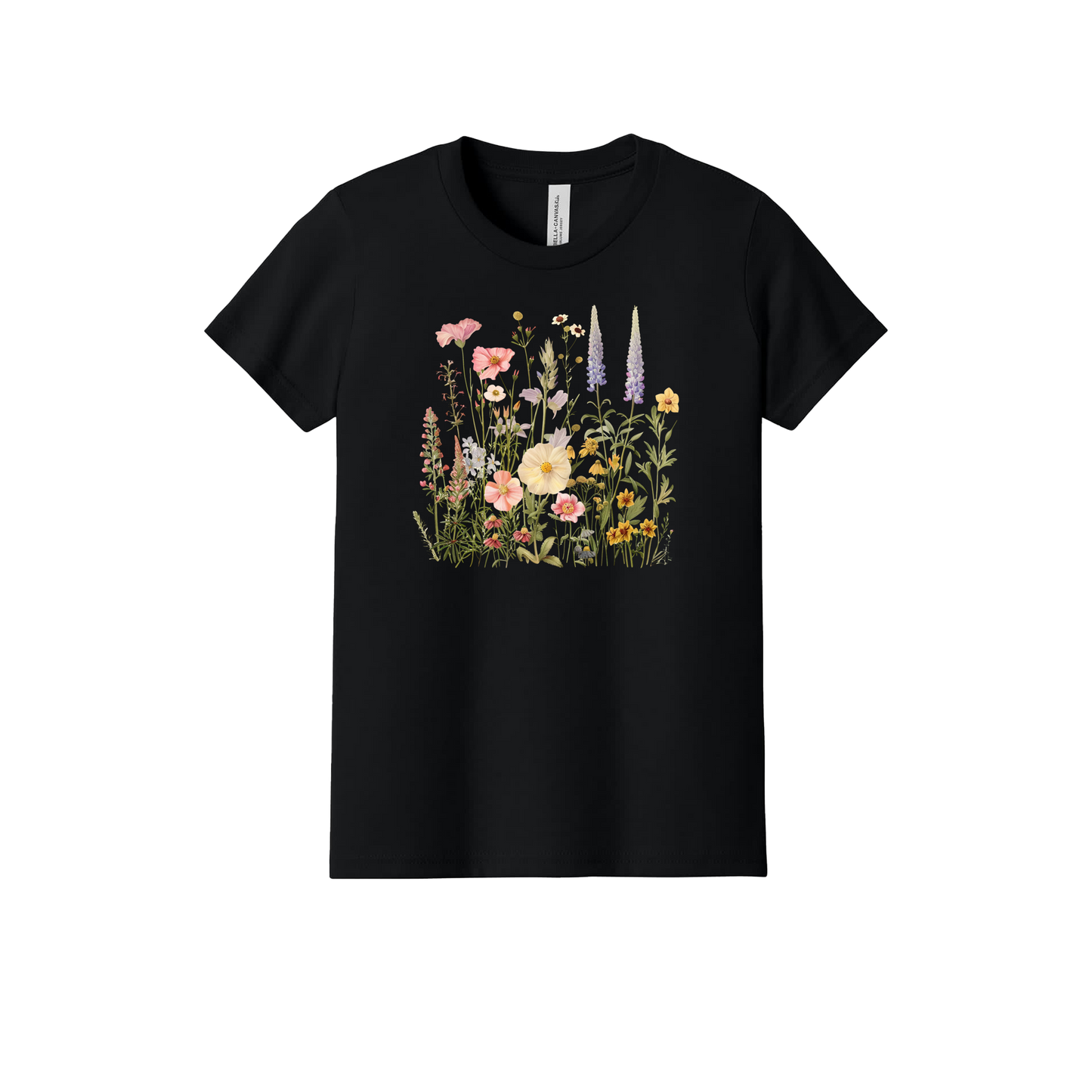 Flowers Apparel design on official Youth Bella+Canvas T-shirt in Black, front view.