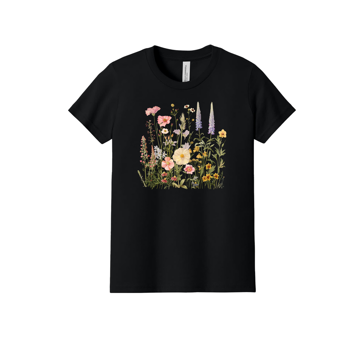 Flowers Apparel design on official Youth Bella+Canvas T-shirt in Black, front view.