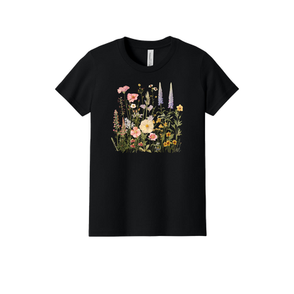 Flowers Apparel design on official Youth Bella+Canvas T-shirt in Black, front view.