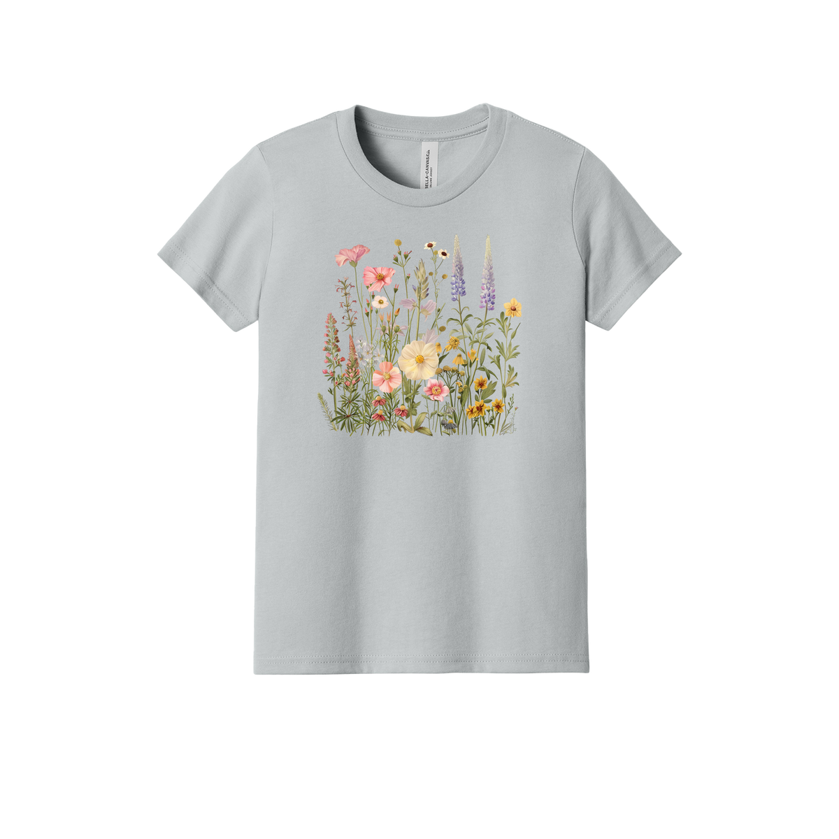 Wildflower Apparel design on youth tee in gray, front view.