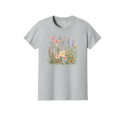 Wildflower Apparel design on youth tee in gray, front view.