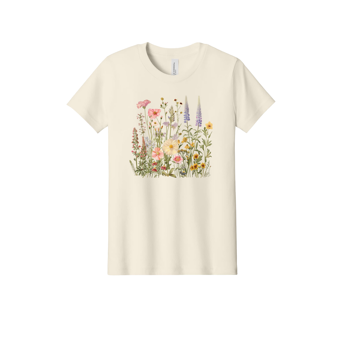 Flowers Apparel design on official Youth Bella+Canvas T-shirt in Natural, front view.