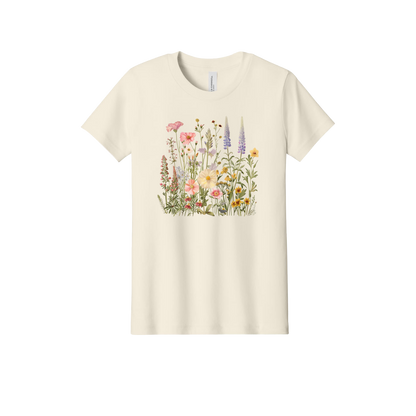 Flowers Apparel design on official Youth Bella+Canvas T-shirt in Natural, front view.