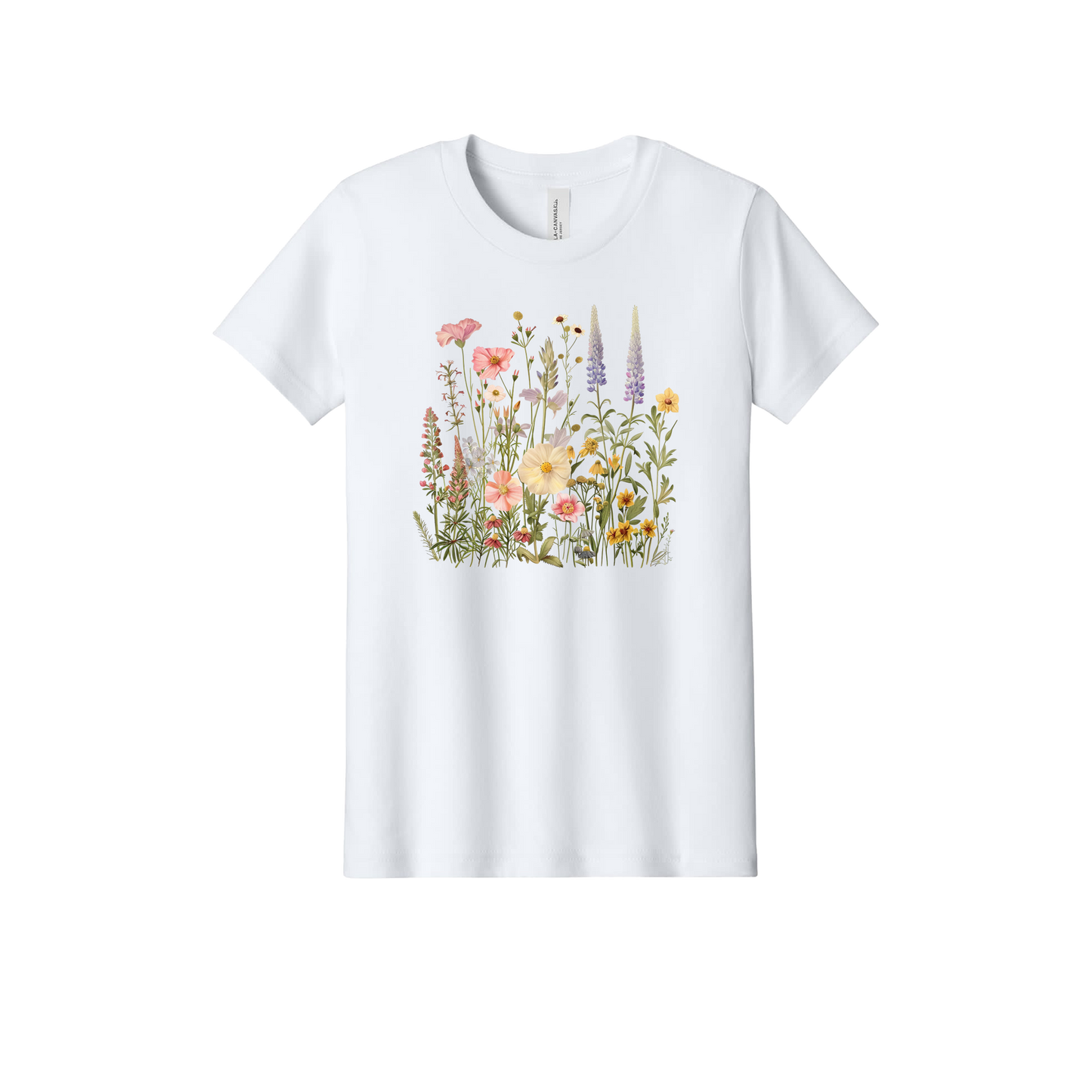 Flowers Apparel design on official Youth Bella+Canvas T-shirt in White, front view.