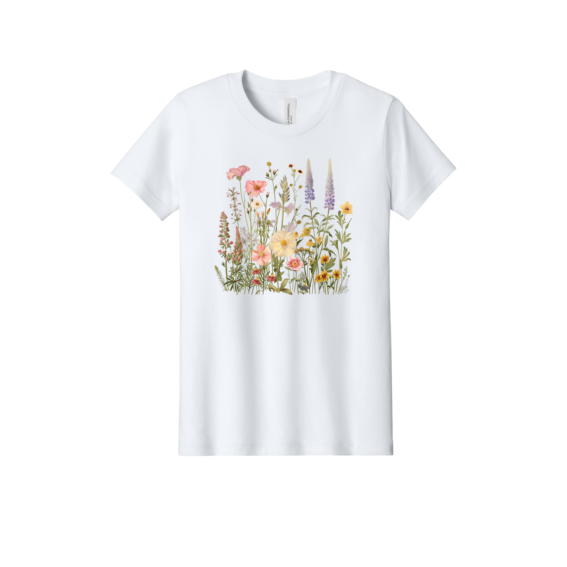 Flowers Apparel design on official Youth Bella+Canvas T-shirt in White, front view.