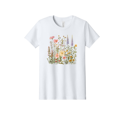 Flowers Apparel design on official Youth Bella+Canvas T-shirt in White, front view.