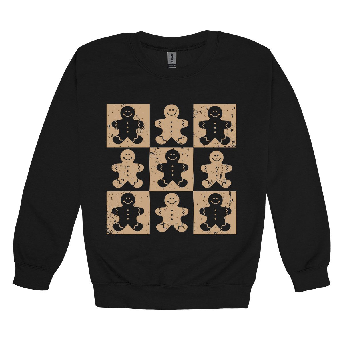 Gingerbread Holiday Apparel design on adult crewneck in black, front view.