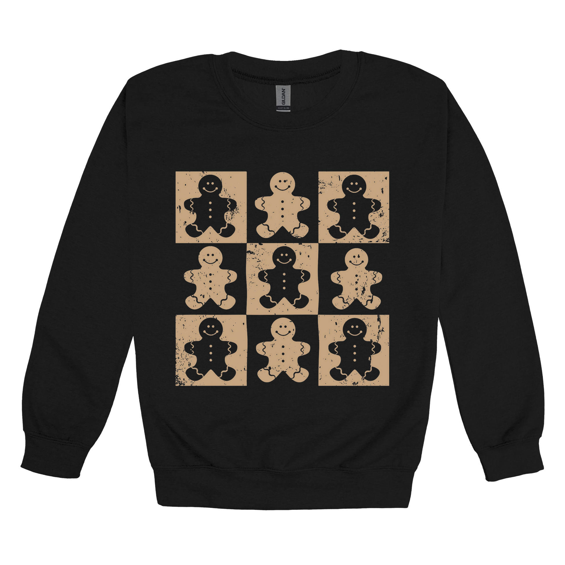 Gingerbread Holiday Apparel design on adult crewneck in black, front view.