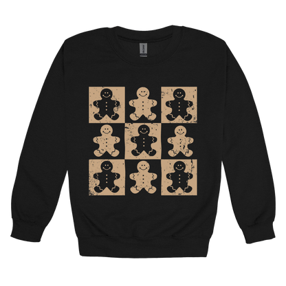 Gingerbread Holiday Apparel design on adult crewneck in black, front view.