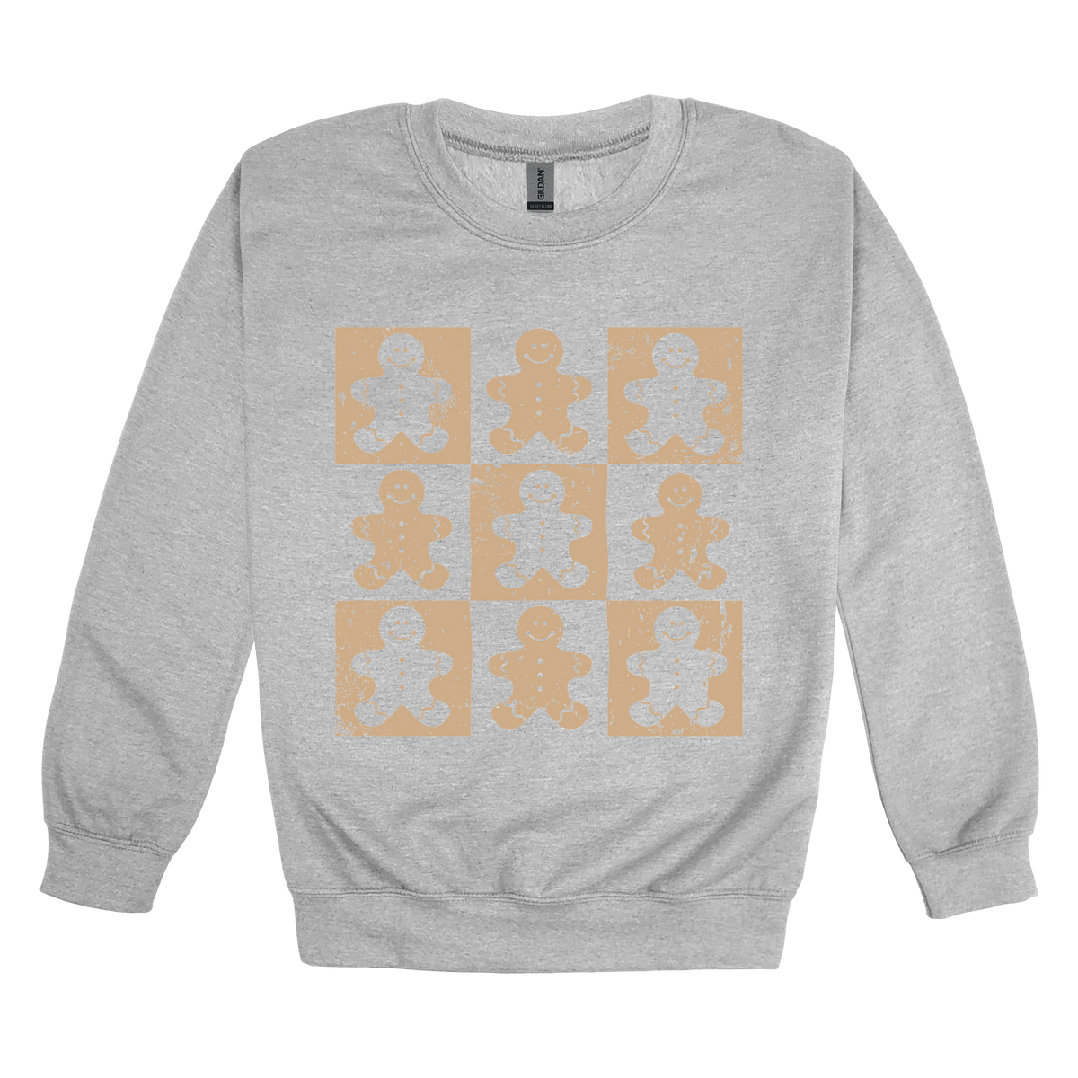 Gingerbread Holiday Apparel design on adult crewneck in gray, front view.