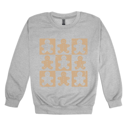 Gingerbread Holiday Apparel design on adult crewneck in gray, front view.