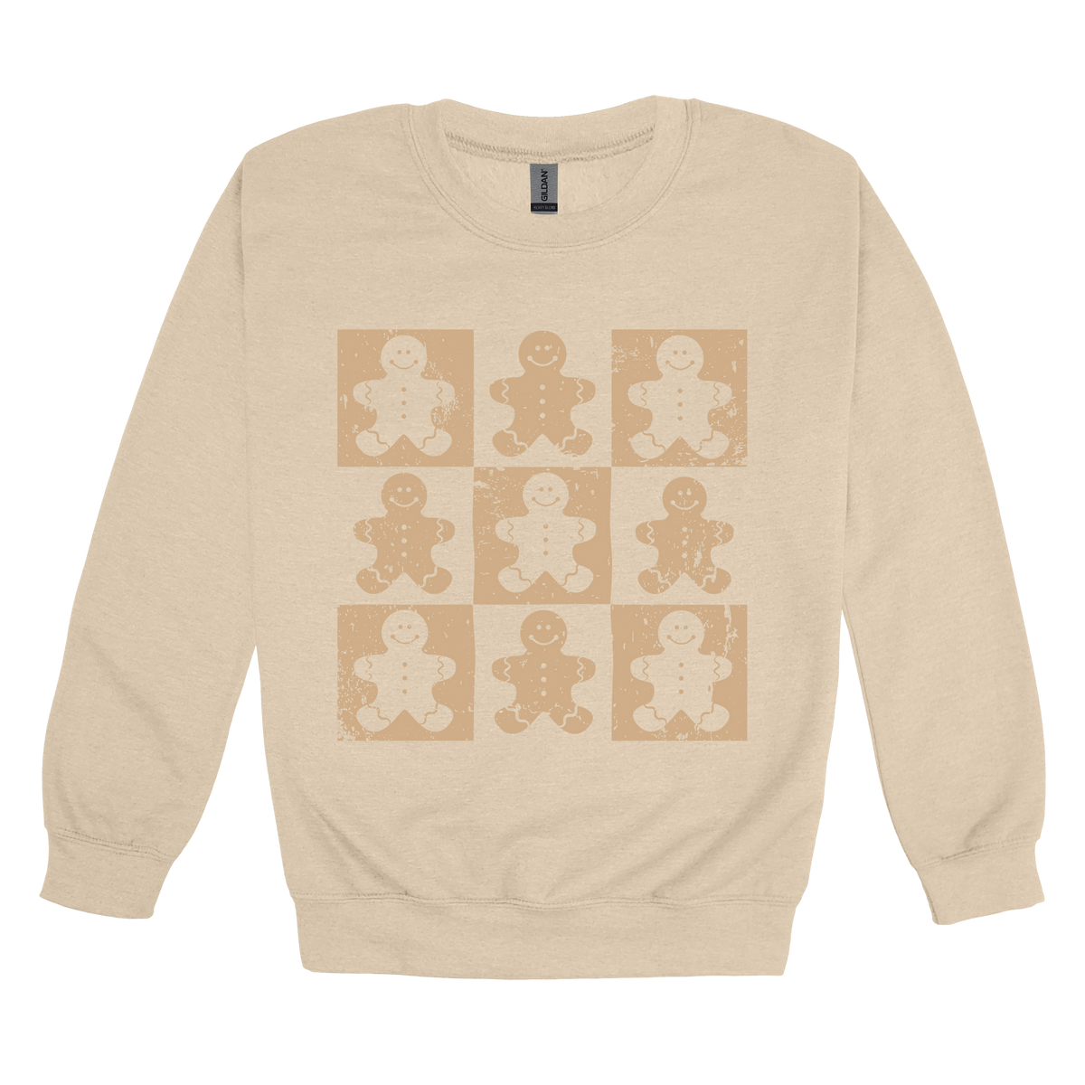 Gingerbread Holiday Apparel design on adult crewneck in tan, front view.