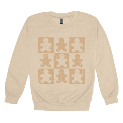 Gingerbread Holiday Apparel design on adult crewneck in tan, front view.