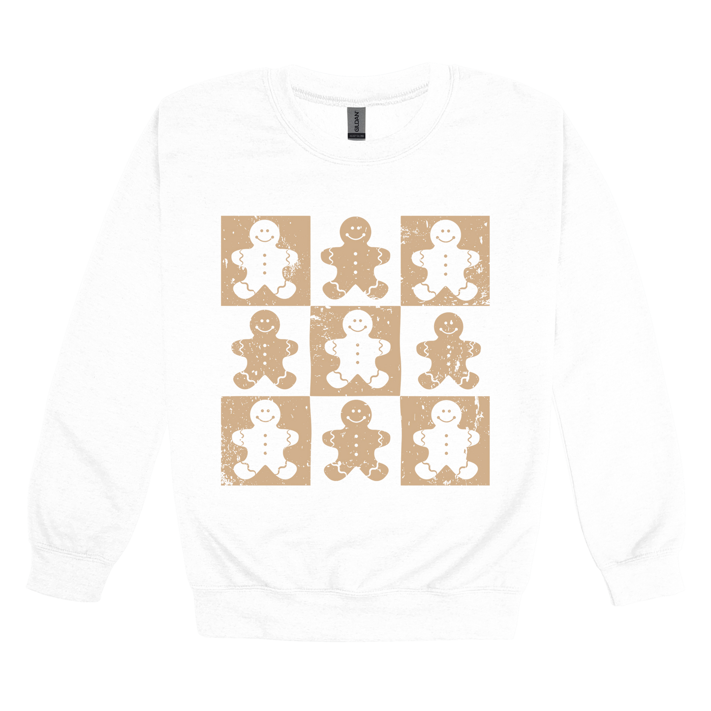 Gingerbread Holiday Apparel design on adult crewneck in white, front view.