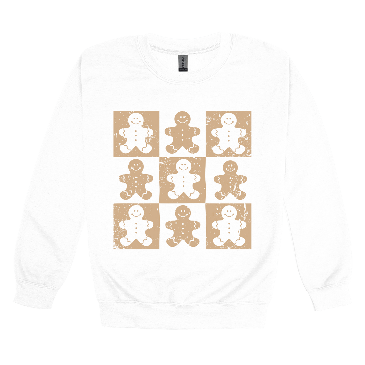 Gingerbread Holiday Apparel design on adult crewneck in white, front view.