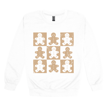 Gingerbread Holiday Apparel design on adult crewneck in white, front view.