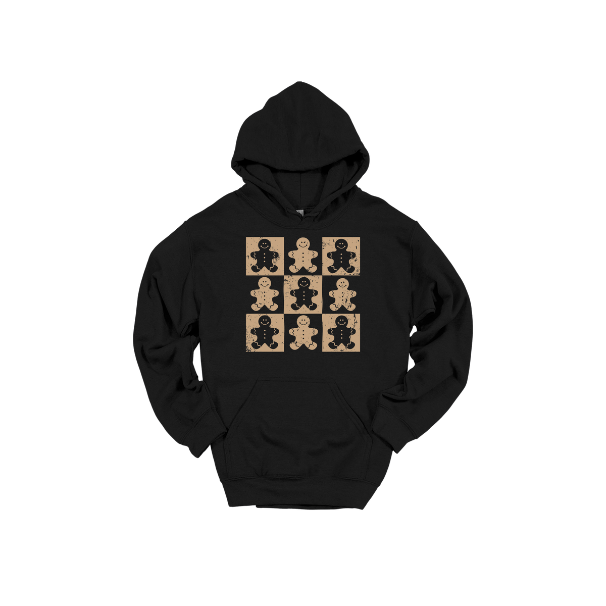 Gingerbread Holiday Apparel design on adult hoodie in black, front view.