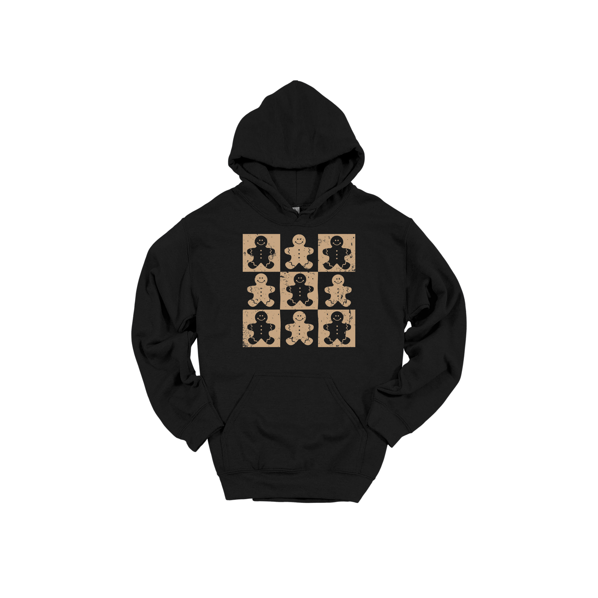 Gingerbread Holiday Apparel design on adult hoodie in black, front view.