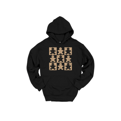 Gingerbread Holiday Apparel design on adult hoodie in black, front view.