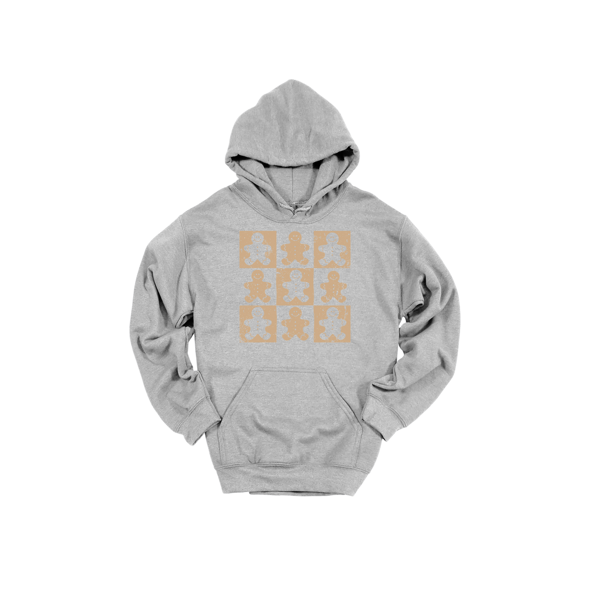 Gingerbread Holiday Apparel design on adult hoodie in gray, front view.