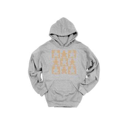 Gingerbread Holiday Apparel design on adult hoodie in gray, front view.