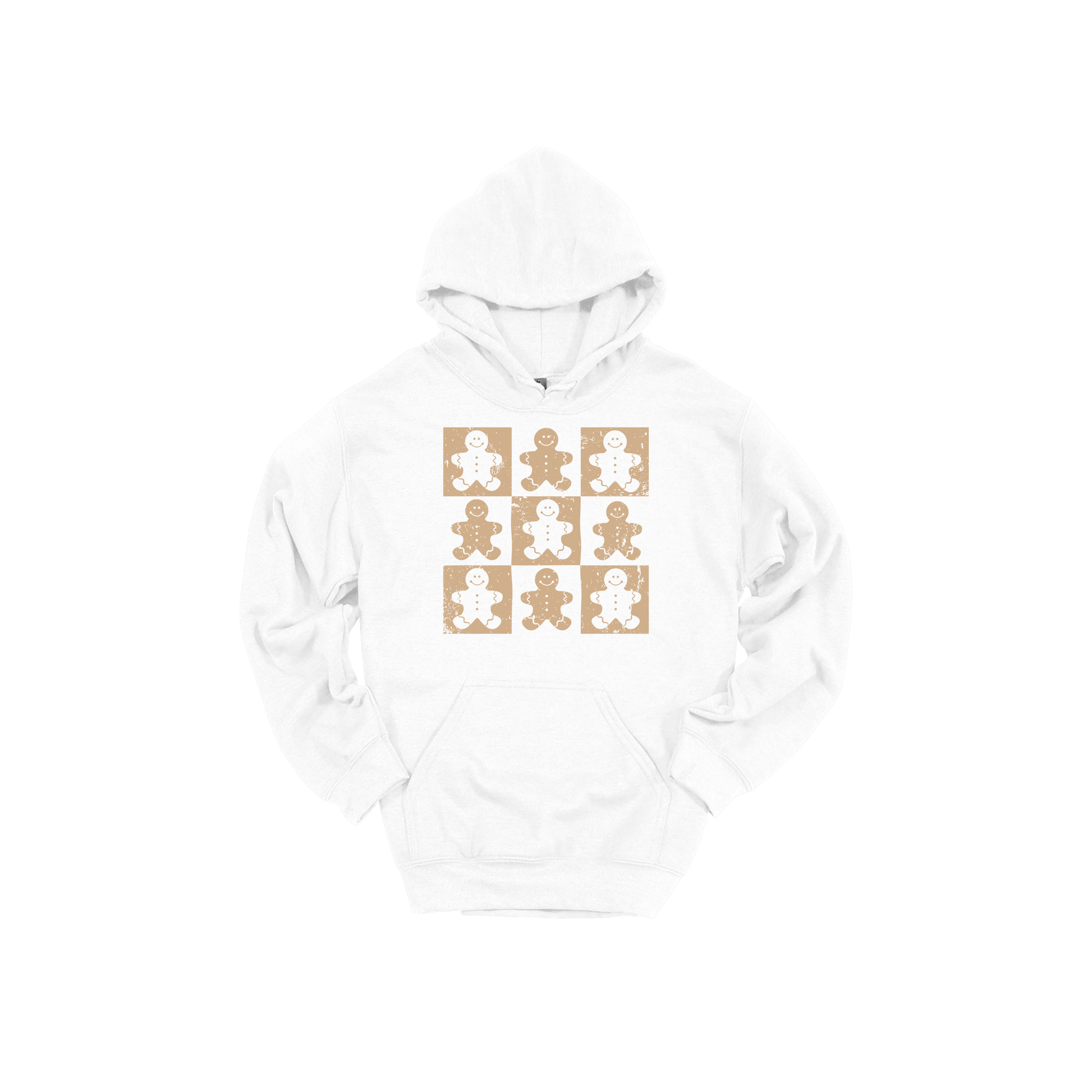 Gingerbread Holiday Apparel design on adult hoodie in white, front view.