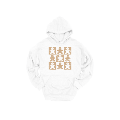 Gingerbread Holiday Apparel design on adult hoodie in white, front view.