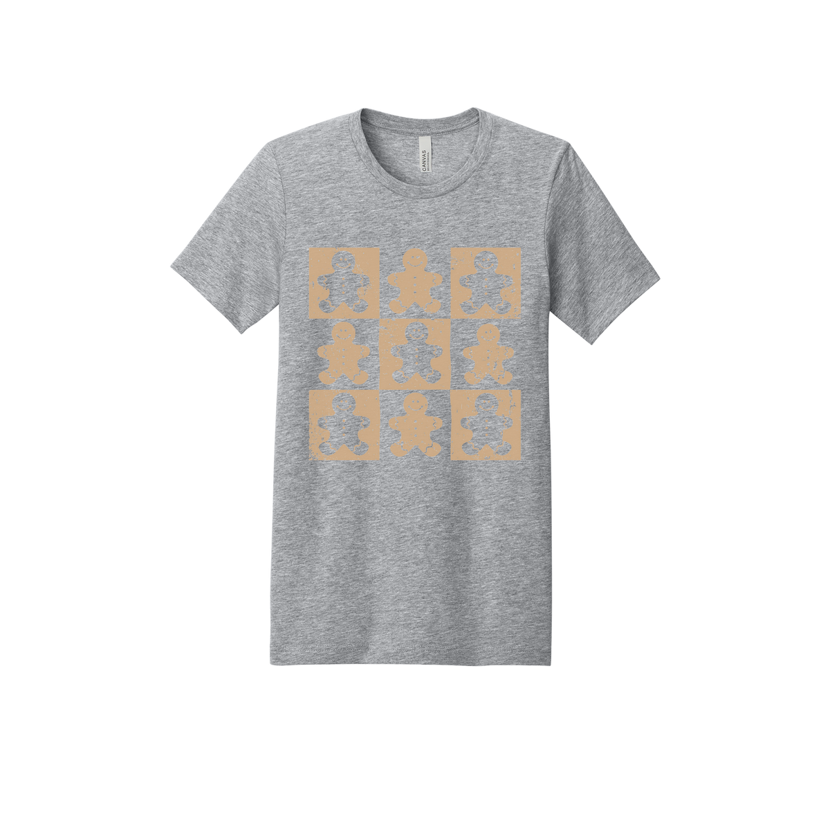Gingerbread Holiday Apparel design on adult tee in gray, front view.